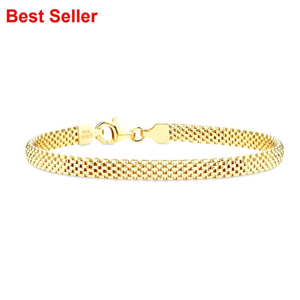 18K Gold Plated 925 Sterling Silver Mesh Link Chain Bracelet